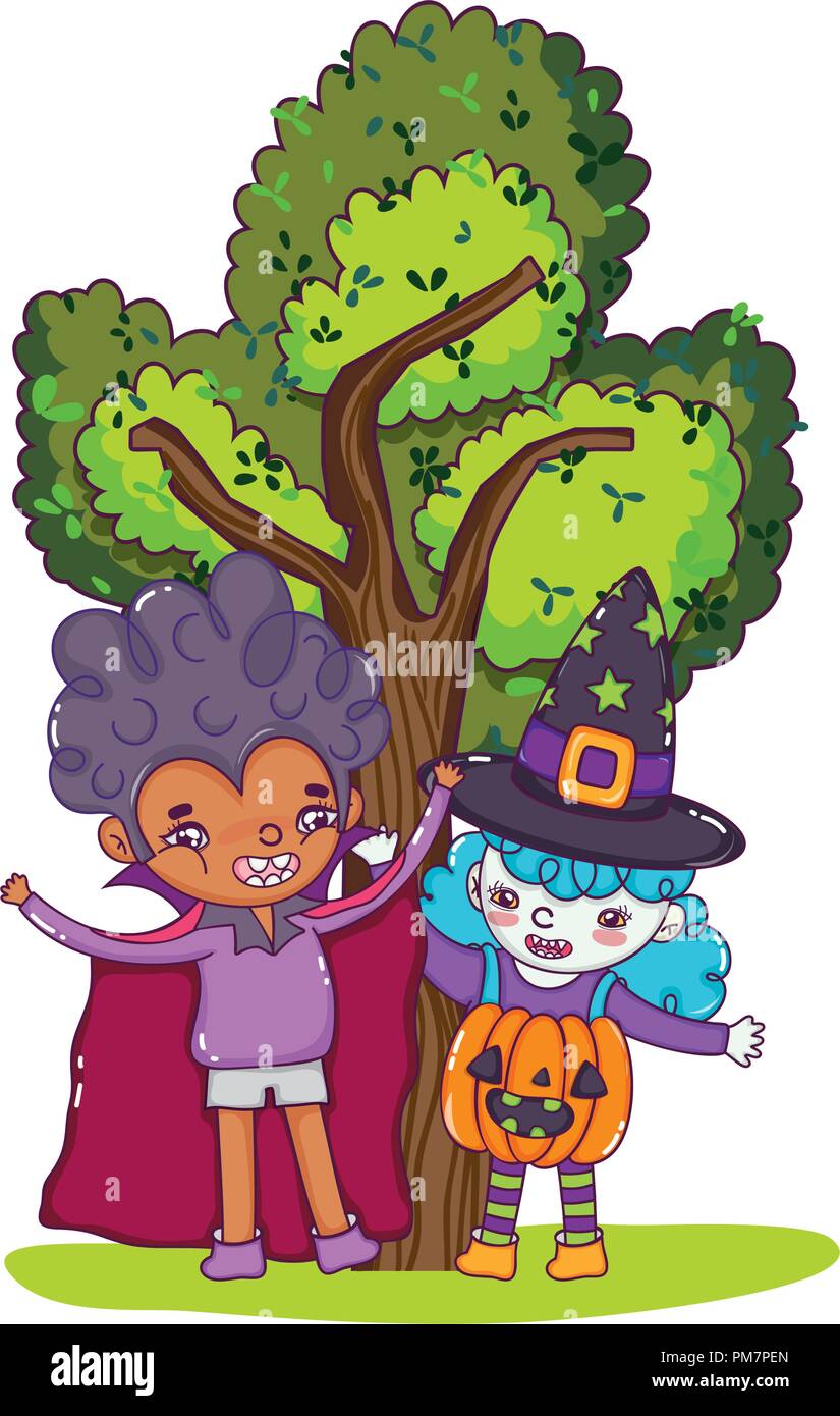 vampire boy and pumpkin girl costumes Stock Vector