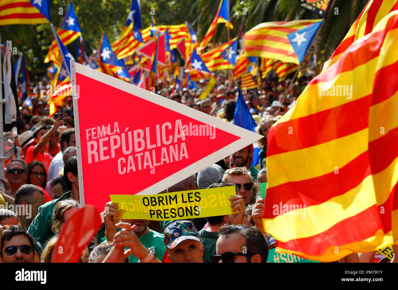 Citizens coming from all around Catalonia celebrate in Barcelona their Diada, a yearly Catalan Nationalism celebration day Stock Photo