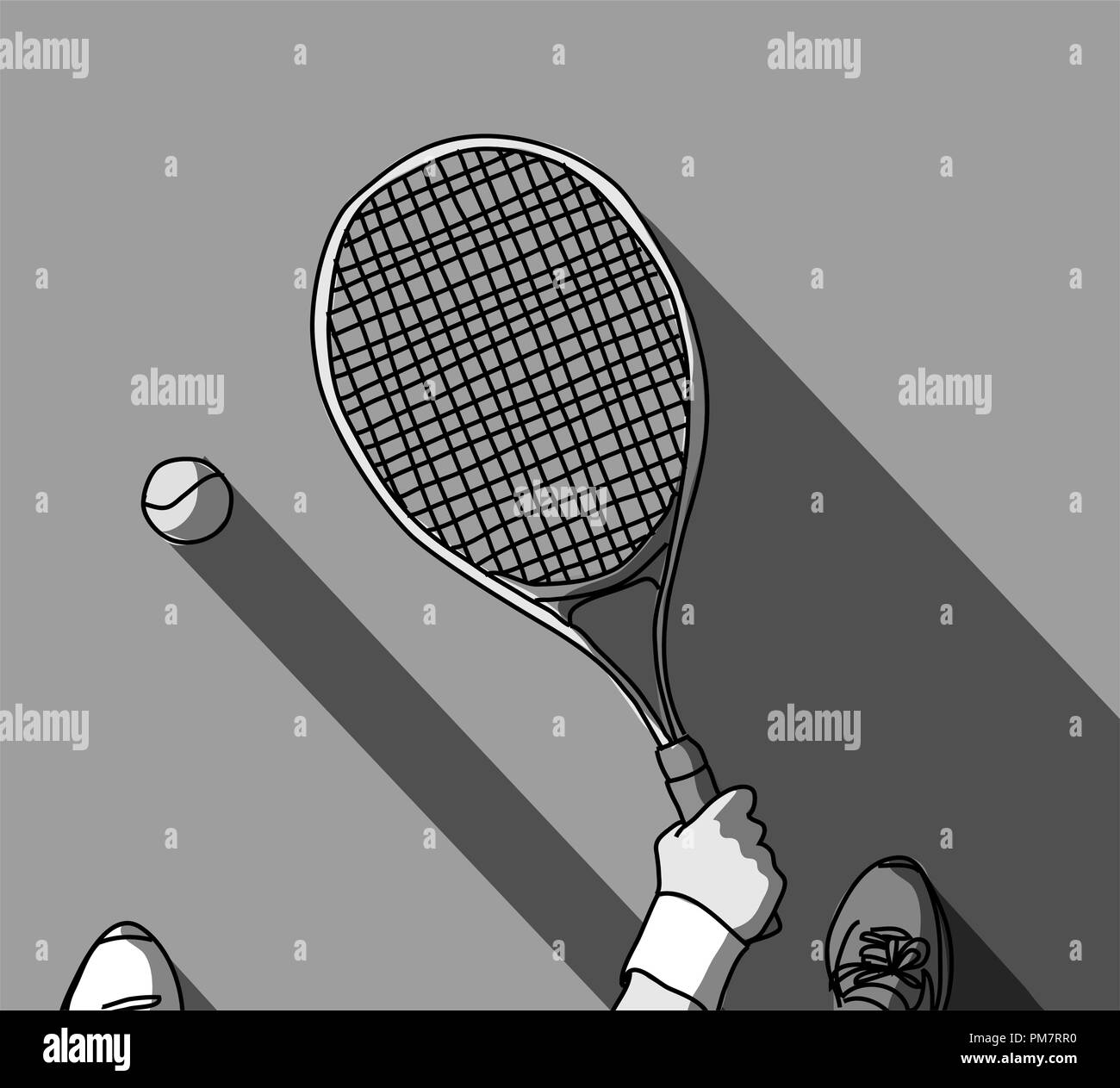Tennis grayscale feet and hand with racket top view Stock Vector