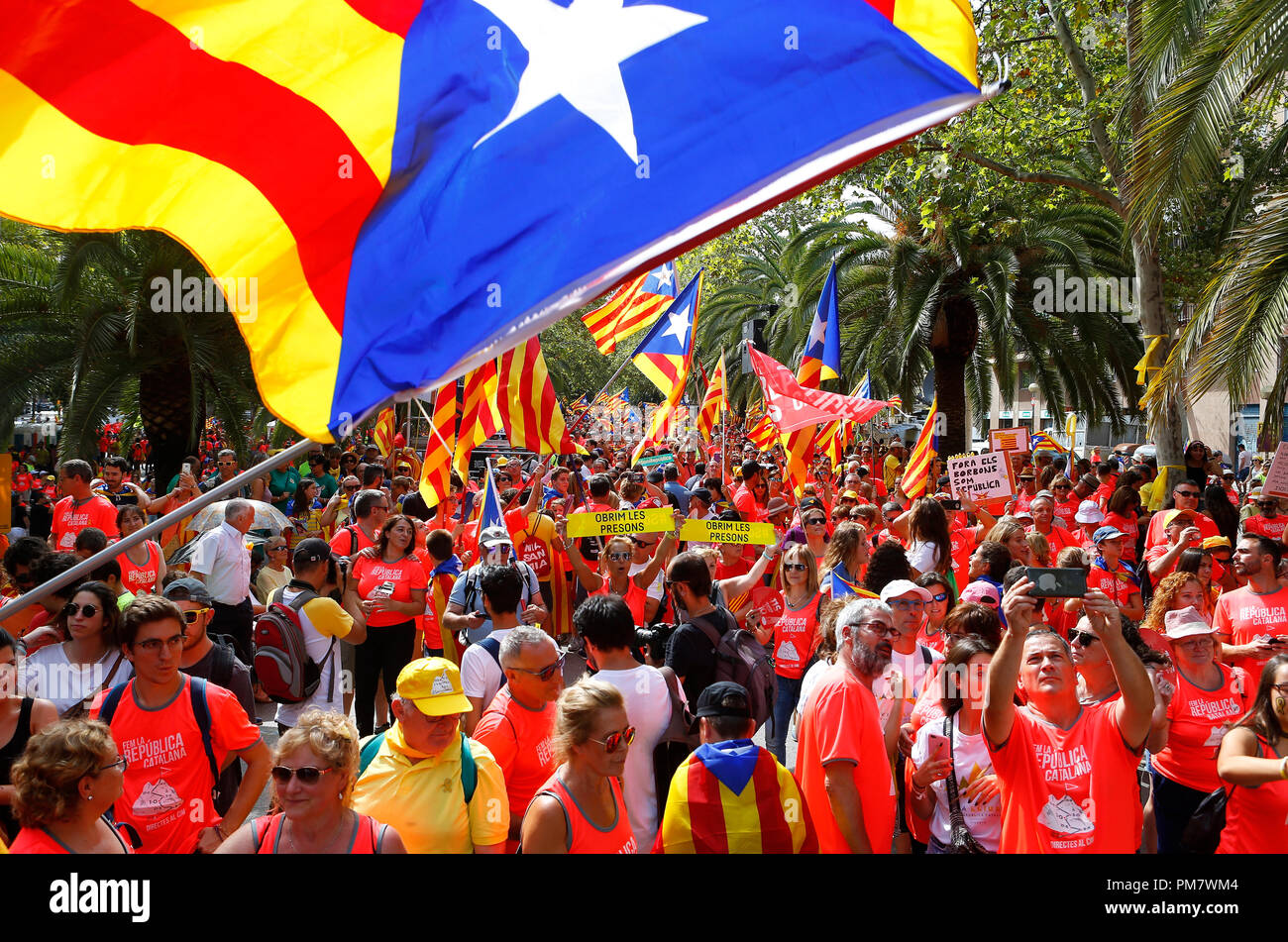 Citizens coming from all around Catalonia celebrate in Barcelona their Diada, a yearly Catalan Nationalism celebration day Stock Photo