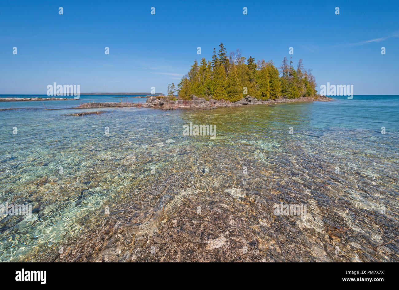 Quiet Coastal Island on Georgian Bay on Lake Huron in Bruce Peninsula National Park near Tobermory, Ontario Stock Photo
