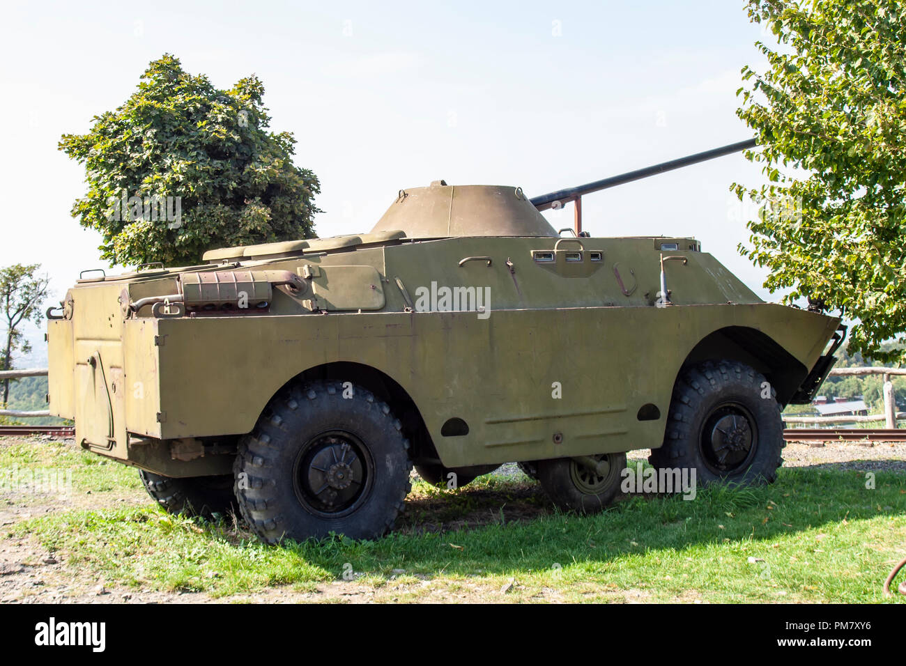 Tank military vehicle with landscape background Stock Photo