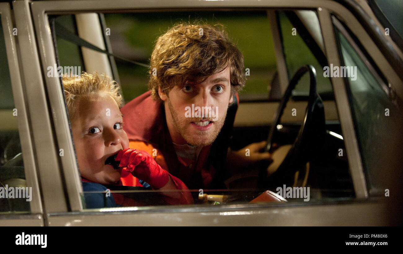 (Left to right) Jackson Nicoll as Albert and Thomas Middleditch as Fuzzy in FUN SIZE from Paramount Pictures. Stock Photo
