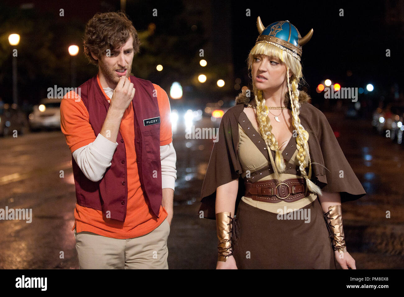 (Left to right) Thomas Middleditch as Fuzzy and Abbie Elliott as Lara in FUN SIZE from Paramount Pictures. Stock Photo