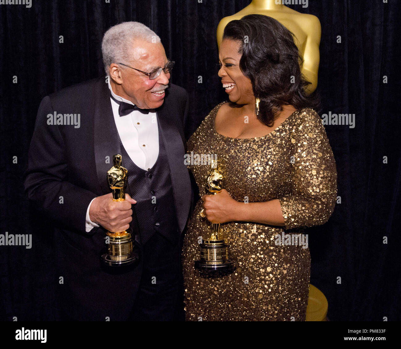 Honorary Award Recipient James Earl Jones and Jean Hersholt Humanitarian  Award Recipient, Oprah Winfrey backstage during the live ABC Television  Network broadcast of the 84th Annual Academy Awards from the Hollywood and