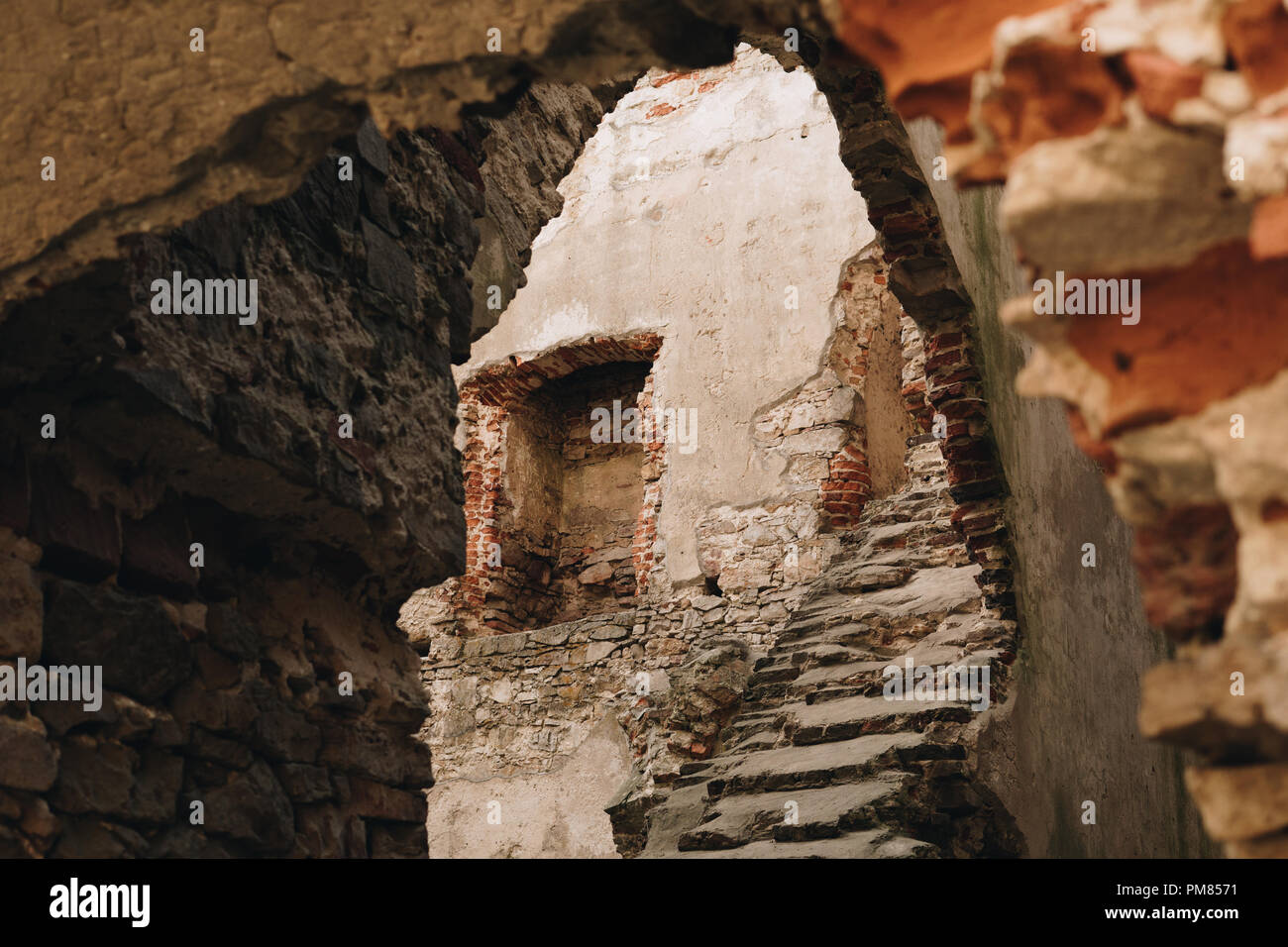 august 2018, ujazd village, poland: stairs inside of ruins of old polish castle called krzyztopor Stock Photo