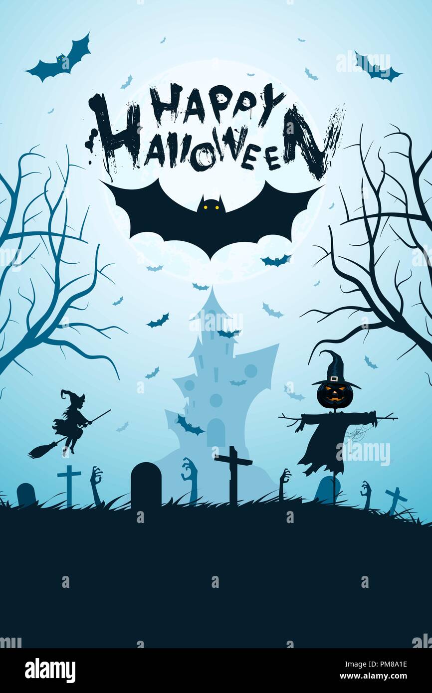 Halloween Funny Background with Bat and Haunted House Stock Vector