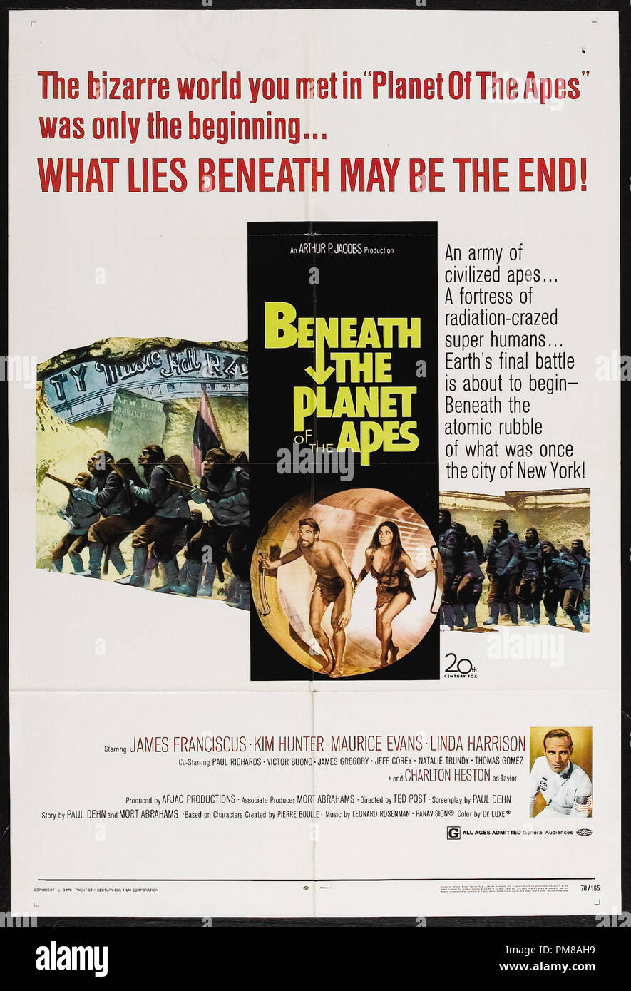 Studio Publicity: 'Beneath the Planet of the Apes' 1970 Beneath the Planet of the Apes' 20th Century Fox  Poster  James Franciscus, Kim Hunter, Maurice Evans  File Reference # 31780 763 Stock Photo
