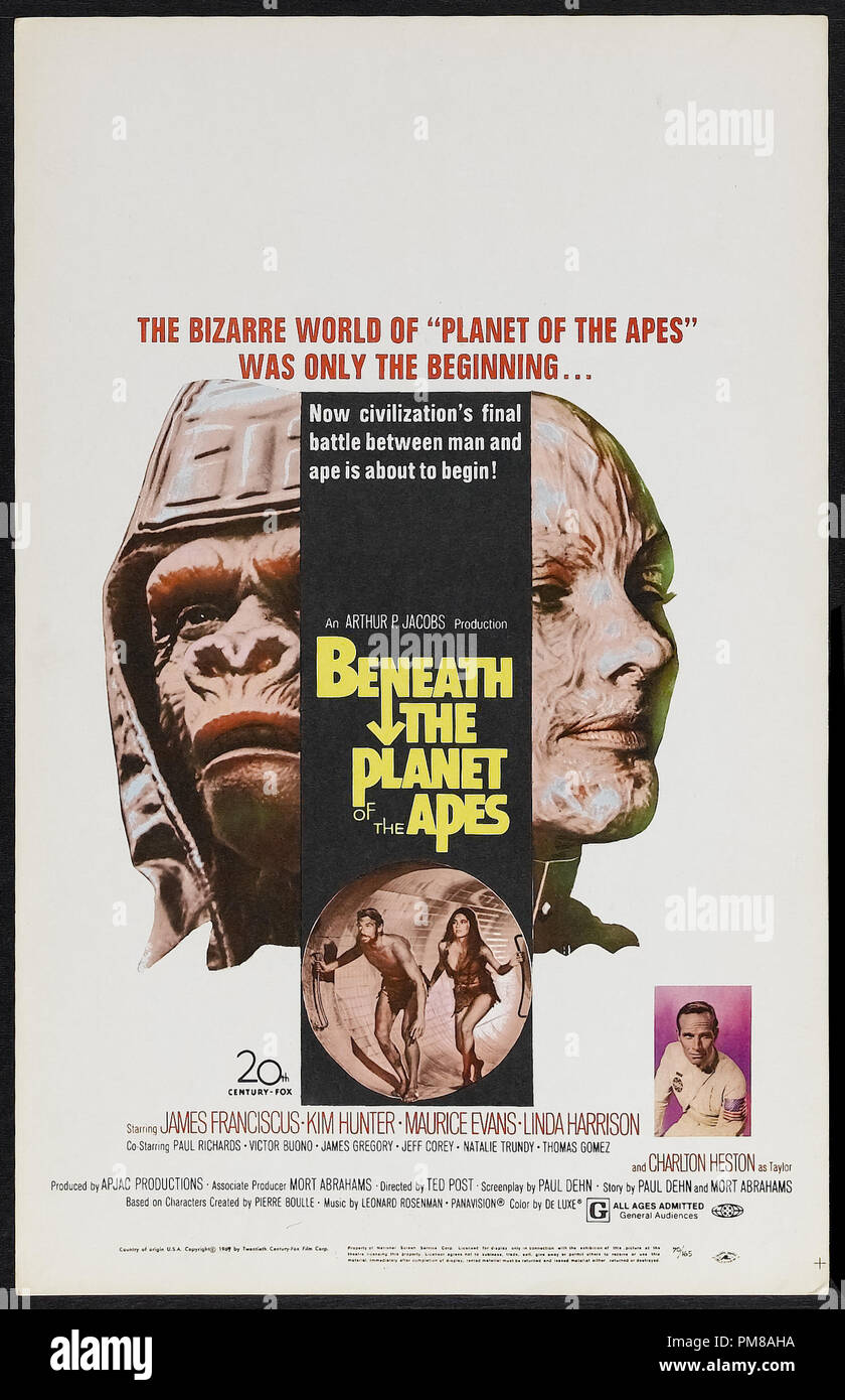 Studio Publicity: 'Beneath the Planet of the Apes' 1970 Beneath the Planet of the Apes' 20th Century Fox  Poster  James Franciscus, Kim Hunter, Maurice Evans  File Reference # 31780 764 Stock Photo