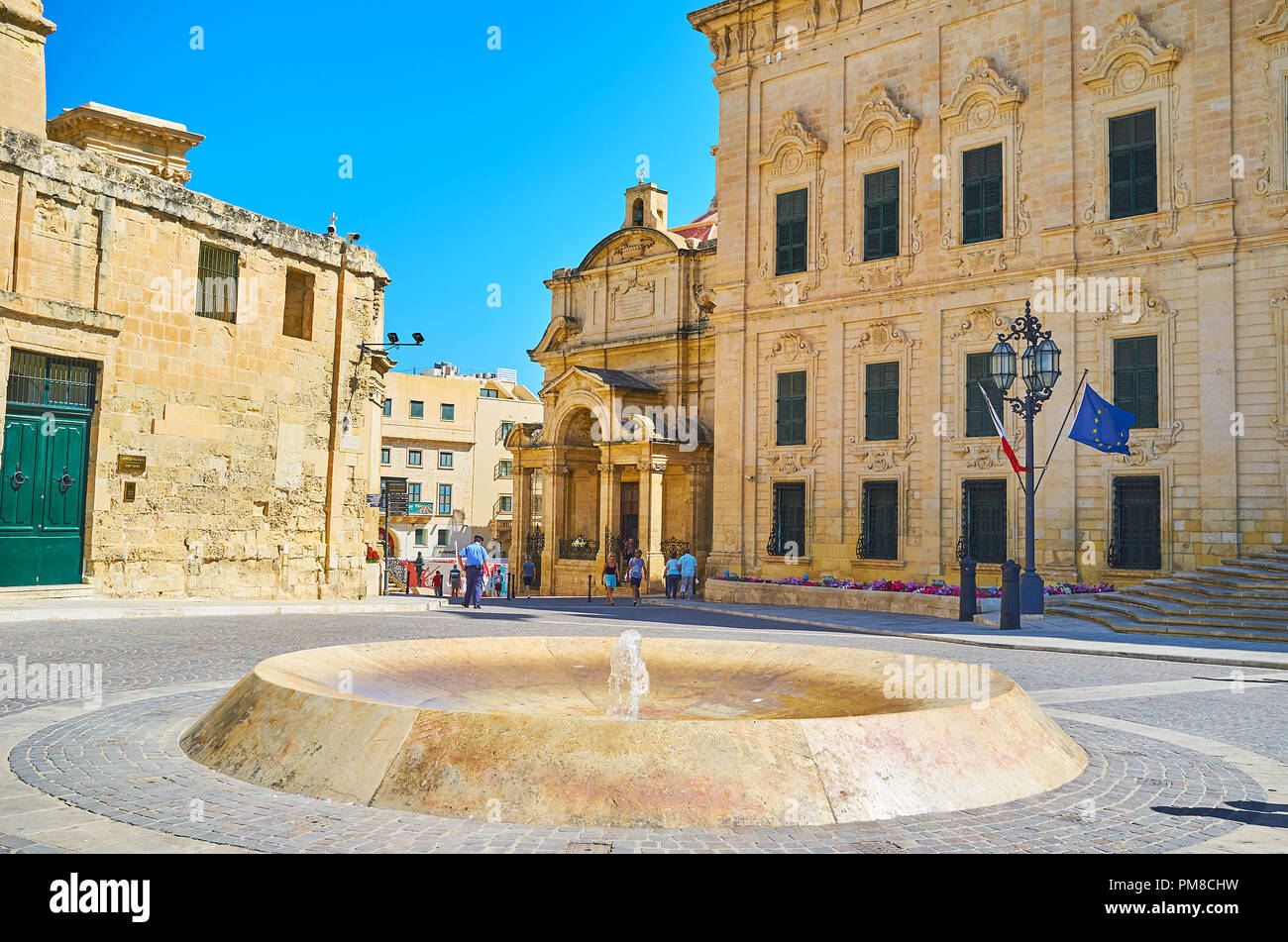 VALLETTA, MALTA JUNE 17, 2018 The modern fountain in Castille Place