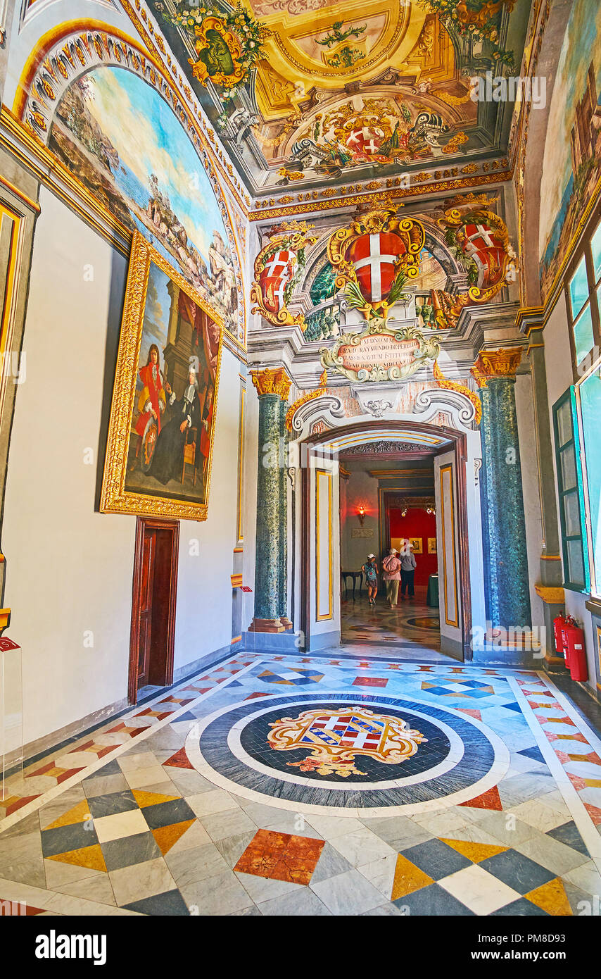 VALLETTA, MALTA - JUNE 17, 2018: The richly decorated corridor of
