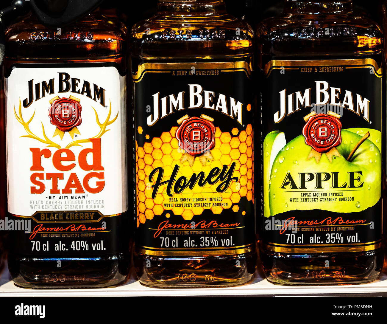 Jim Beam Kentucky Borubon Whiskey seen on store shelf. Jim Beam is a brand of bourbon whiskey, a