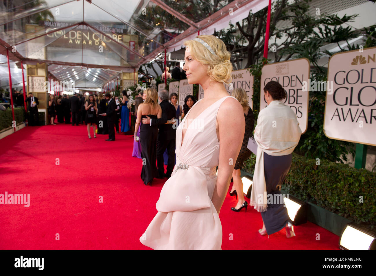 Nominated for BEST PERFORMANCE BY AN ACTRESS IN A MOTION PICTURE – COMEDY OR MUSICAL for her role in “Young Adult”, actress Charlize Theron attends the 69th Annual Golden Globes Awards at the Beverly Hilton in Beverly Hills, CA on Sunday, January 15, 2012. Stock Photo