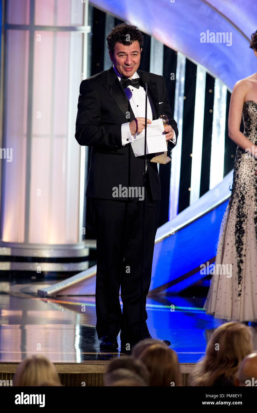 The Golden Globe is awarded to Ludovic Bource for BEST ORIGINAL SCORE – MOTION PICTURE for “The Artist” at the 69th Annual Golden Globe Awards at the Beverly Hilton in Beverly Hills, CA on Sunday, January 15, 2012. Stock Photo