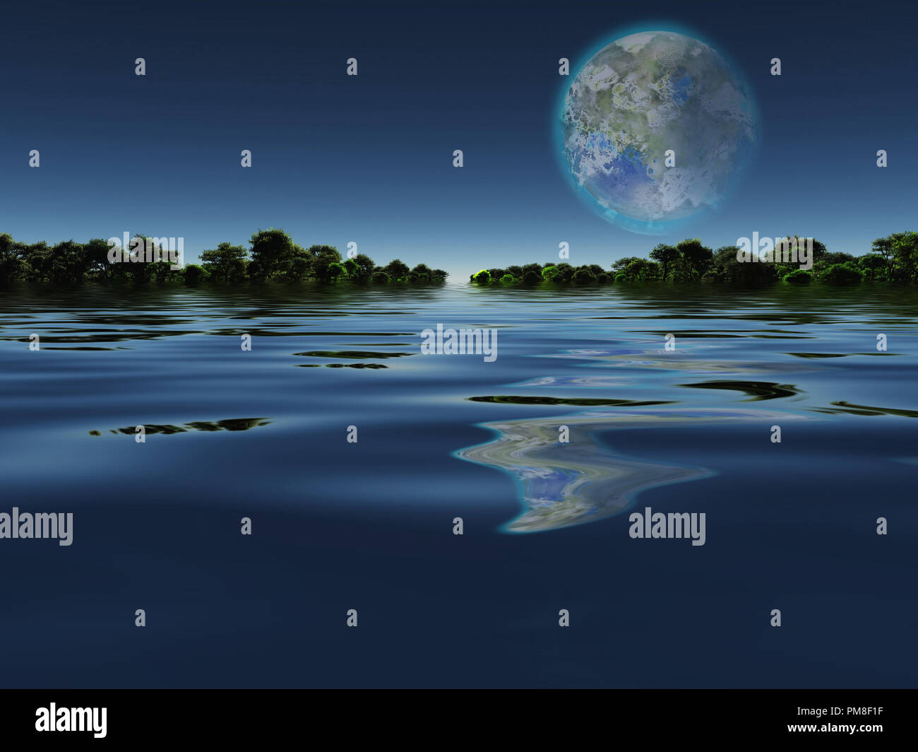 Terraformed Moon. View from Earth or Exo-Solar Planet. Calm water and green forest at the horizon Stock Photo