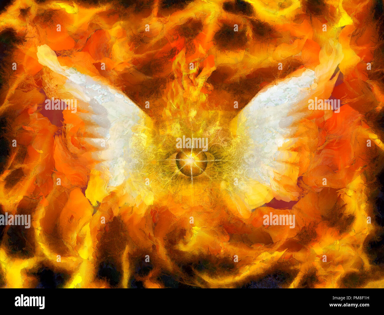 Surreal painting. Burning eye with wings. Flaming background Stock Photo Alamy