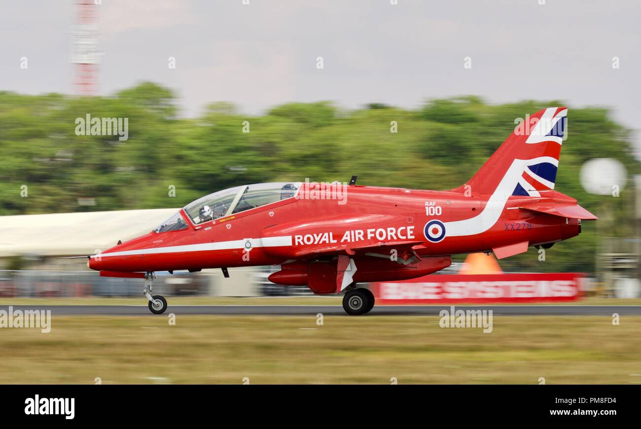 Royal Air Force Red Arrows BAE Systems Hawk T1/T1A jet taking off at the 2018 Royal International Air Tattoo Stock Photo