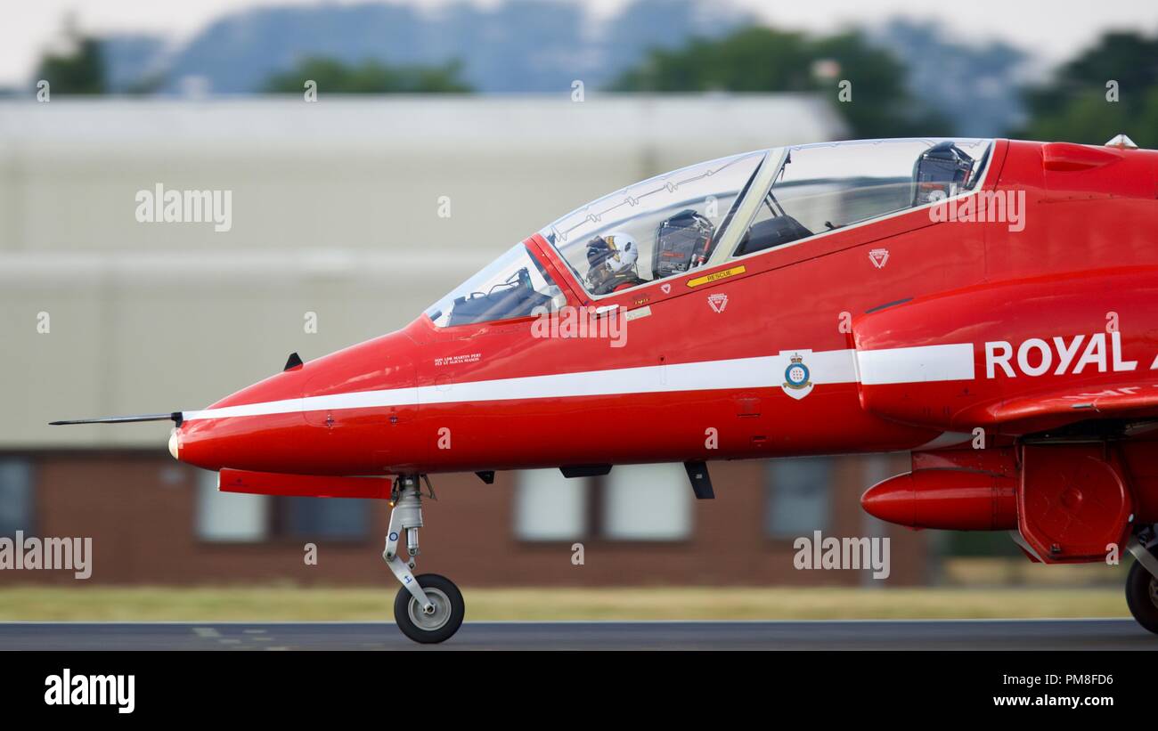 Royal Air Force Red Arrows BAE Systems Hawk T1/T1A jet landing at RAF Fairford Stock Photo