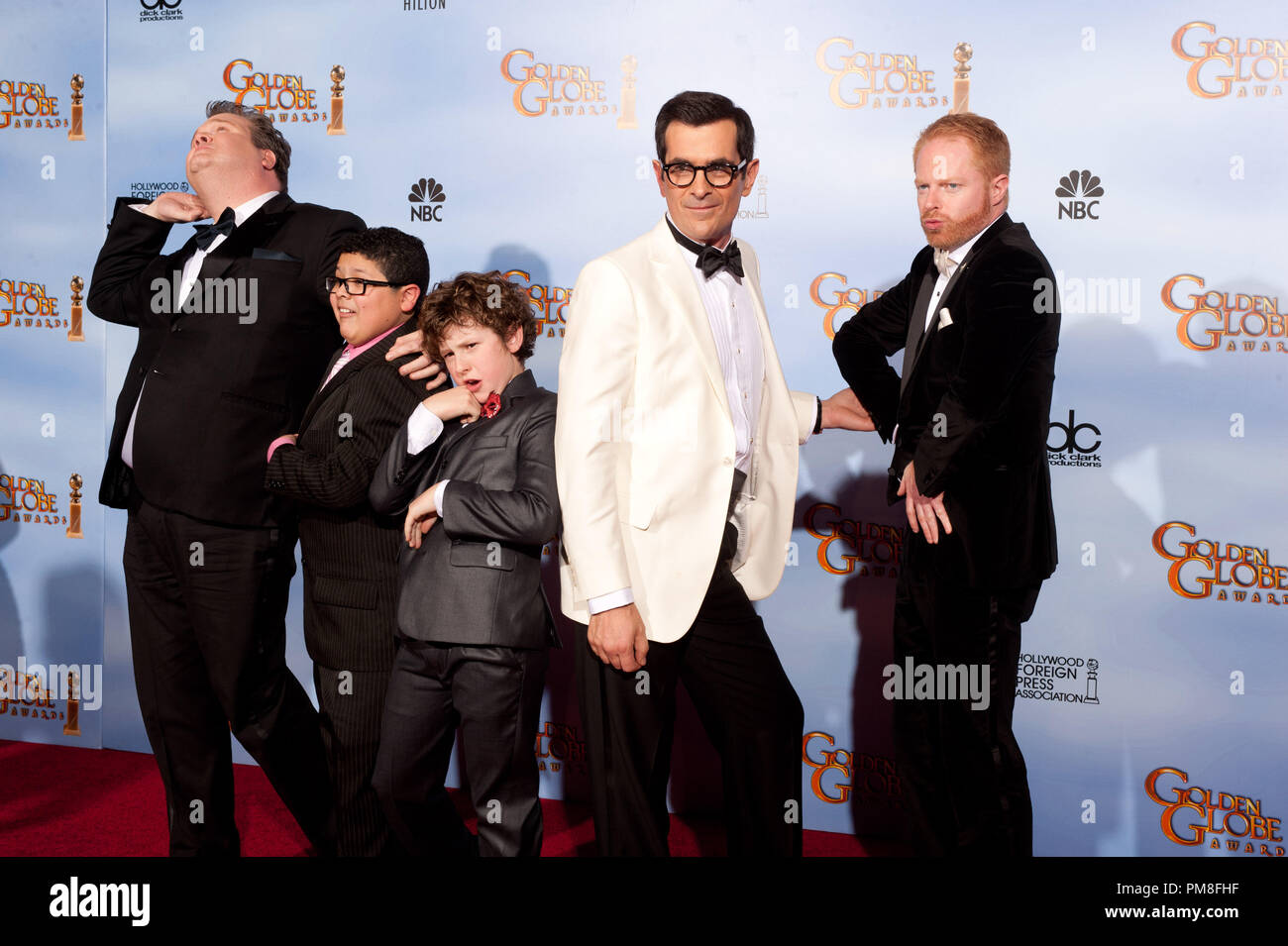 For BEST TELEVISION SERIES – COMEDY OR MUSICAL, the Golden Globe is awarded to “Modern Family” (ABC), produced by Twentieth Century Fox Television. Accepting the award are Eric Stonestreet, Rico Rodriguez, Nolan Gould, Ty Burrell, and Jesse Tyler Ferguson backstage in the press room at the 69th Annual Golden Globe Awards at the Beverly Hilton in Beverly Hills, CA on Sunday, January 15, 2012. Stock Photo