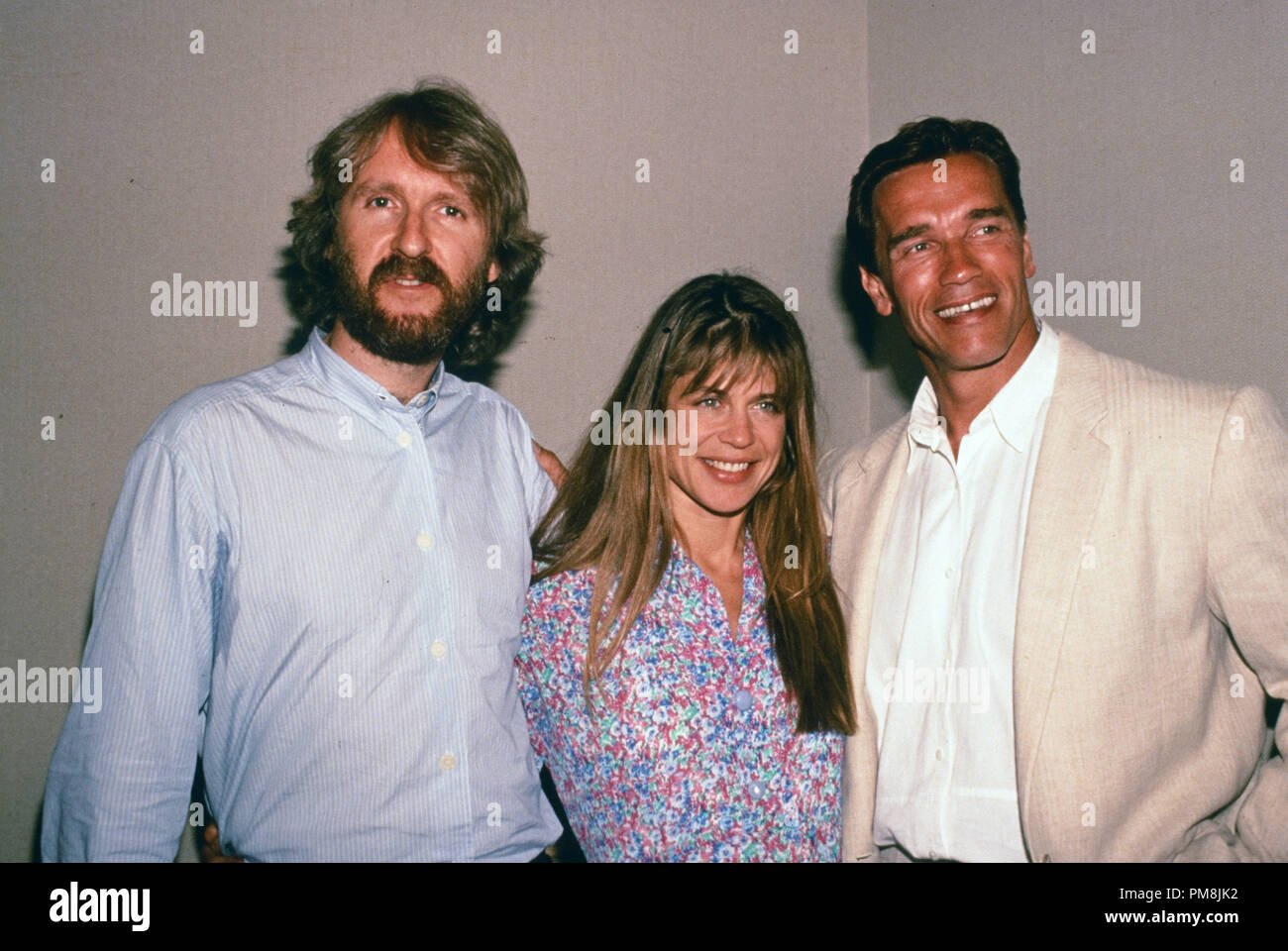 Arnold Schwarzenegger, Linda Hamilton, James Cameron at 'The Terminator' press conference 1984 © JRC /The Hollywood Archive  -  All Rights Reserved  File Reference # 31515 465 Stock Photo
