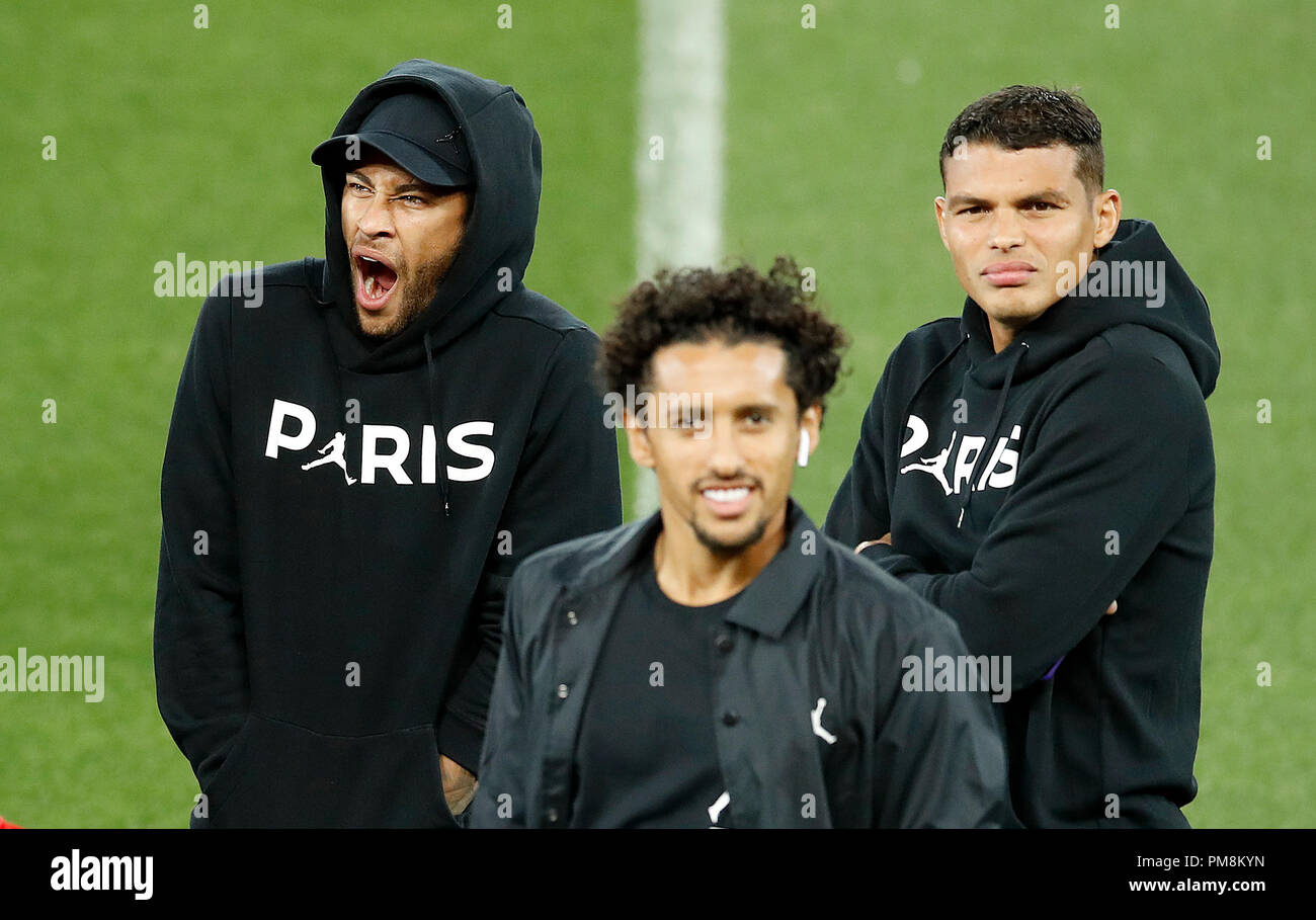 Paris Saint-Germain's Neymar (left), Marquinhos (centre) and Thiago Silva (right) during a walk around the Anfield pitch, Liverpool. Stock Photo