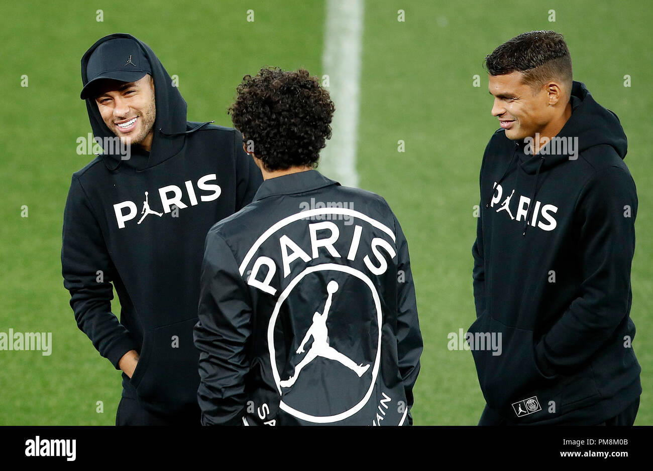 Paris Saint-Germain's Neymar (left) and Thiago Silva (right) during a walk  around the Anfield pitch, Liverpool Stock Photo - Alamy