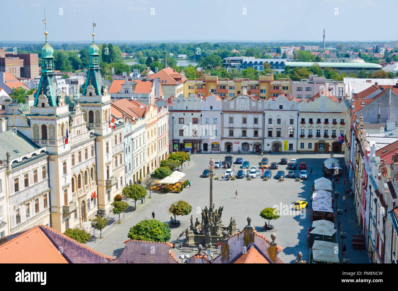 PARDUBICE, CZECH REPUBLIC. 1st August 2018. Summer in the busy main square and Town Hall of Pardubice, a city that is becoming a popular tourist spot. Stock Photo