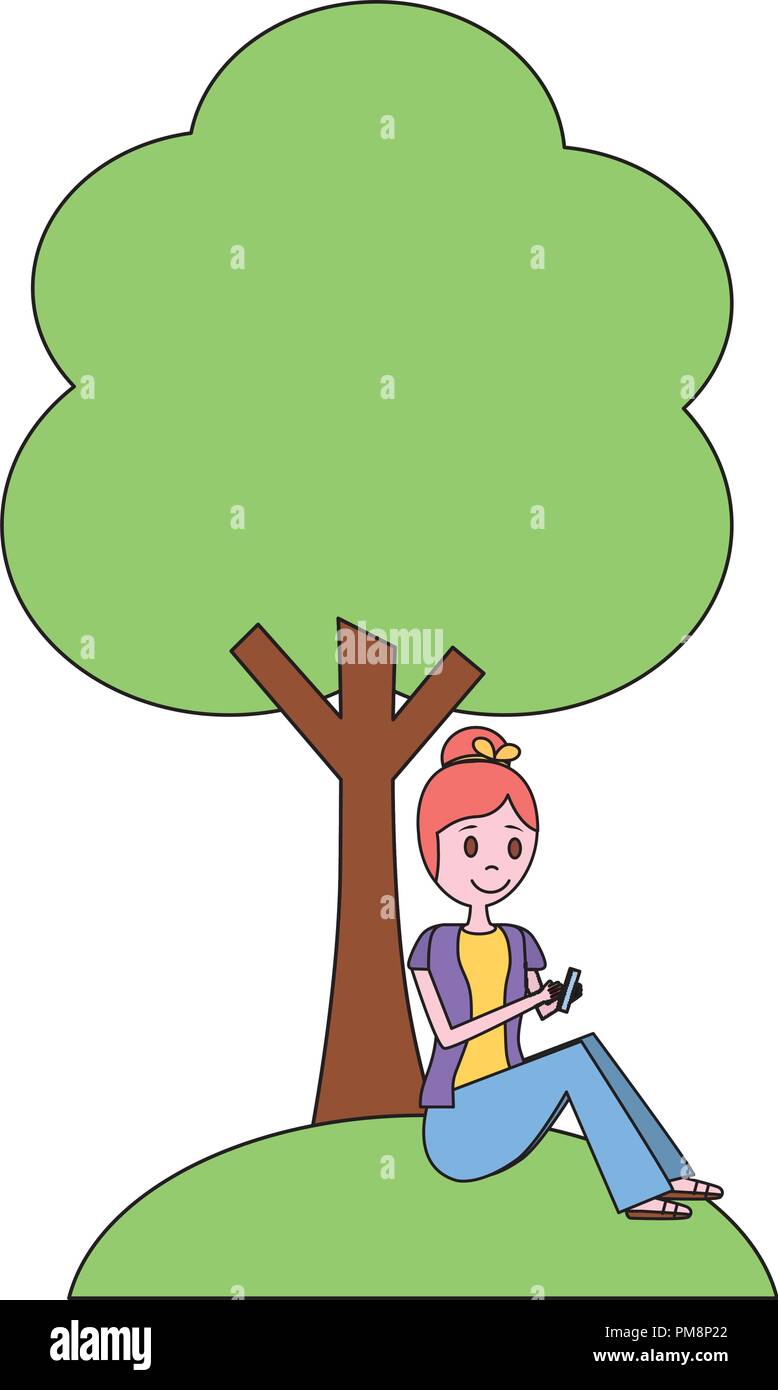 woman using phone sitting in under a tree Stock Vector