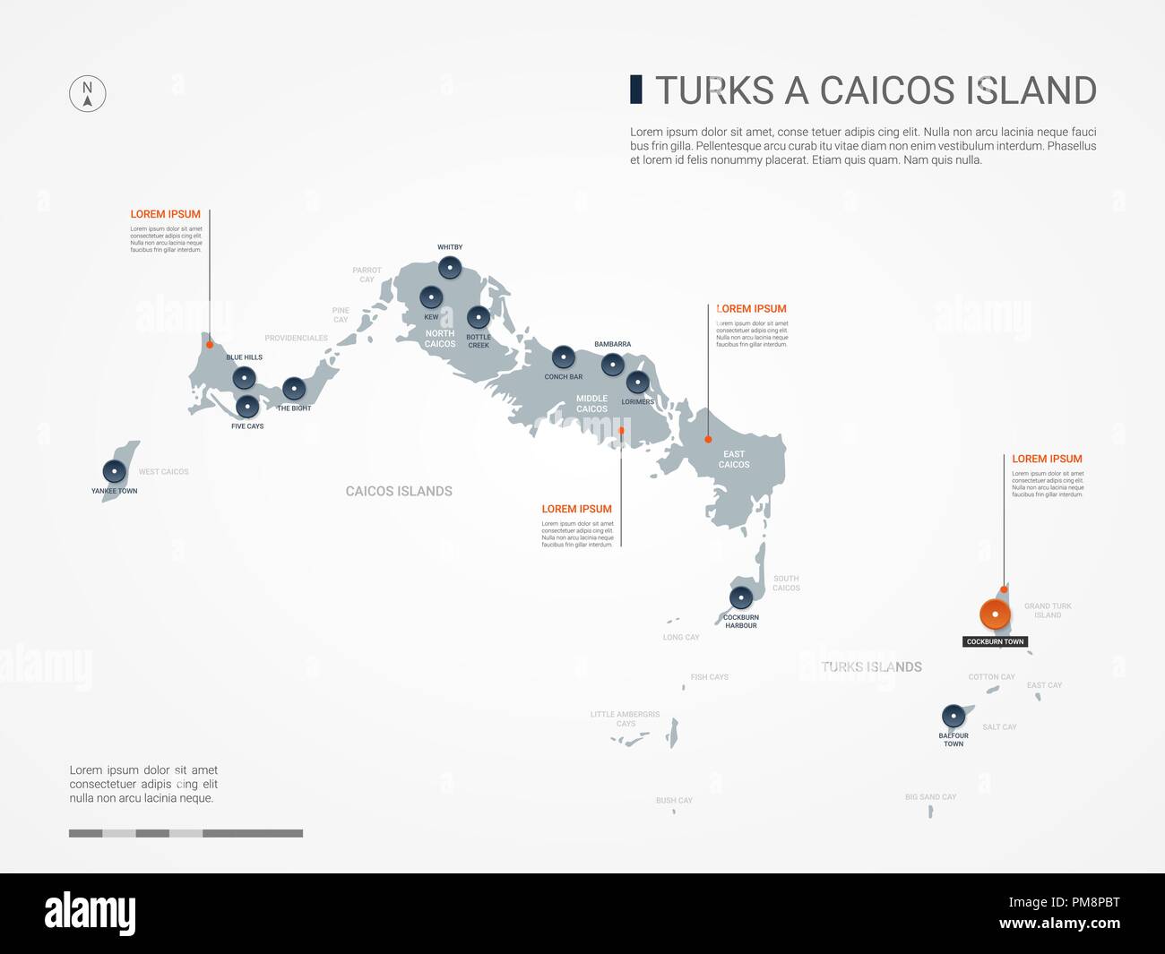 Turks and Caicos map with borders, cities, capital and administrative
