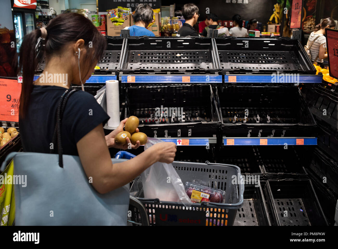A shopper buys kiwis while other vegetables shelves are out of stock ahead of Super Typhoon Mangkhut arrival in Hong Kong, China. It is expected to land with a typhoon signal No. 8. Stock Photo