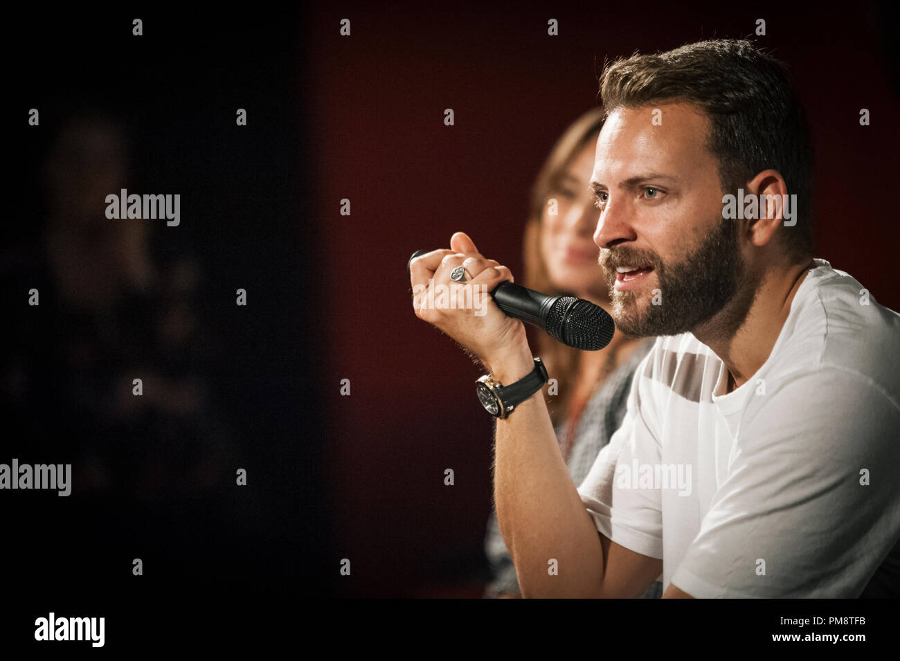 Actor Alessandro Borghi seen speaking to the audience during the  presentation at the film festival. Presentation of the movie, On My Skin (Sulla  Mia Pelle) in Milan. Shown at the 75hVenice International