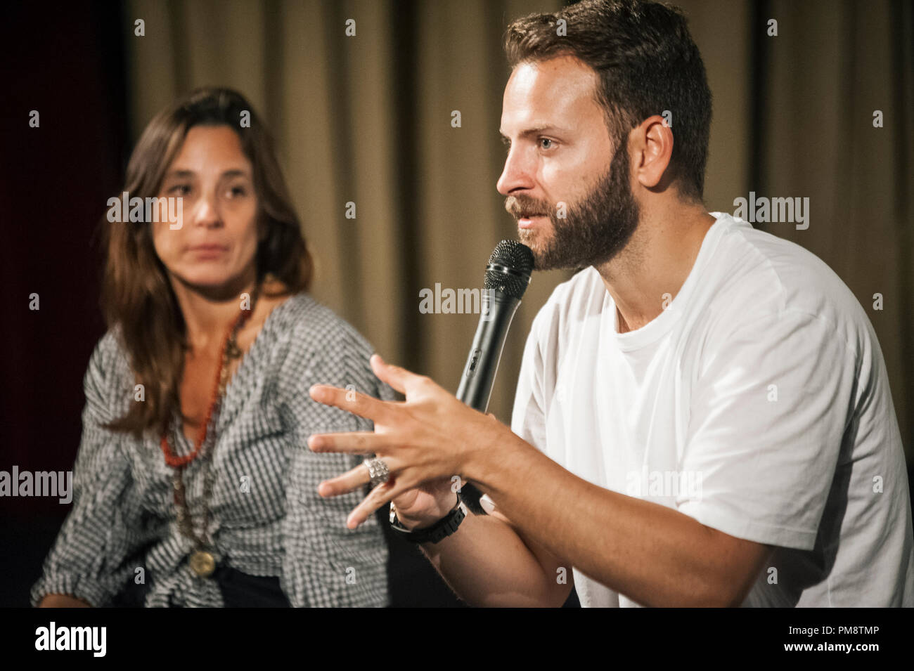 Actor Alessandro Borghi seen speaking to the audience during the  presentation of the movie, On My Skin (Sulla Mia Pelle) in Milan. Shown at  at the 75thVenice International Film Festival, the movie