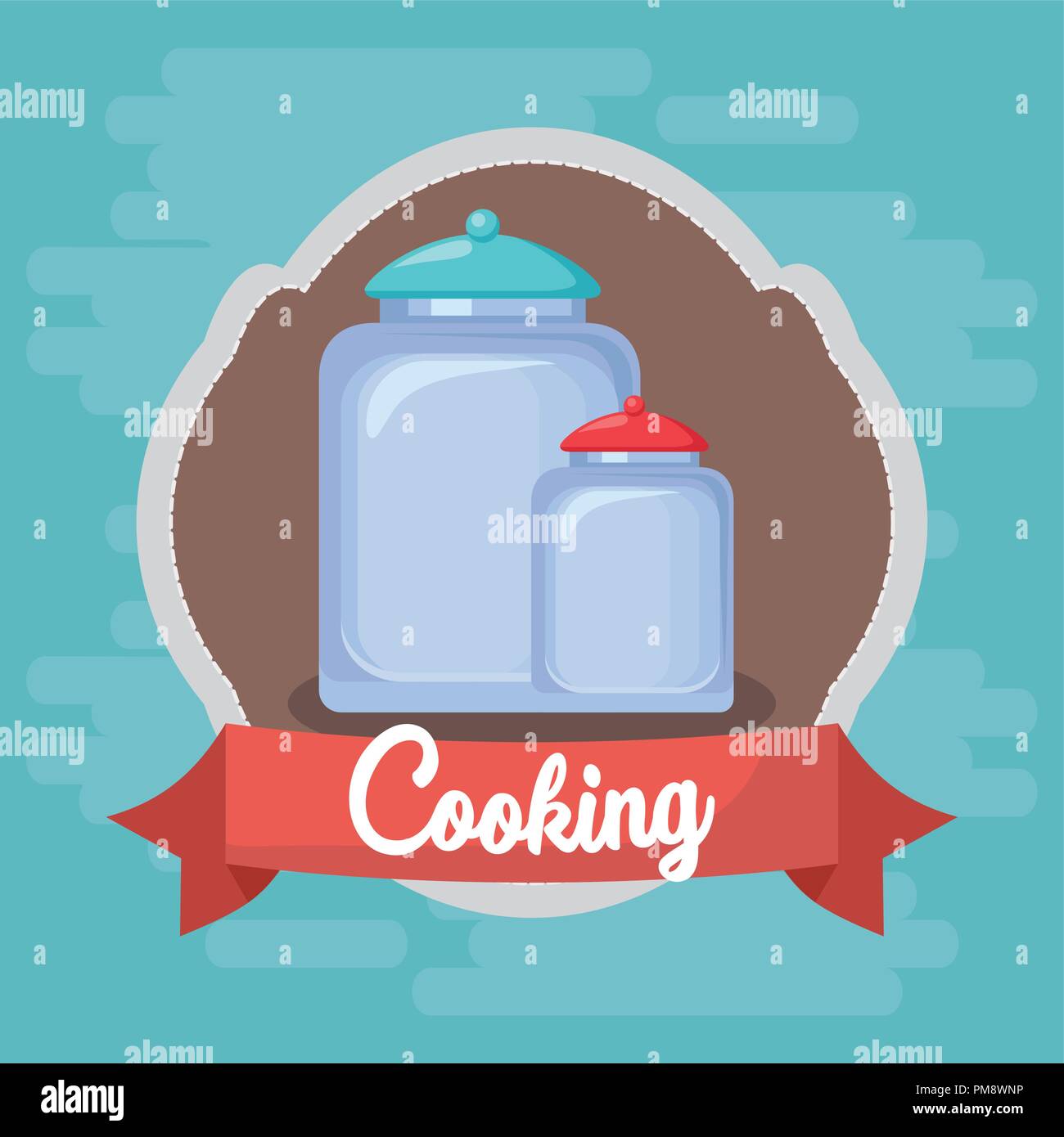 cooking design with decorative emblem with jars over blue background