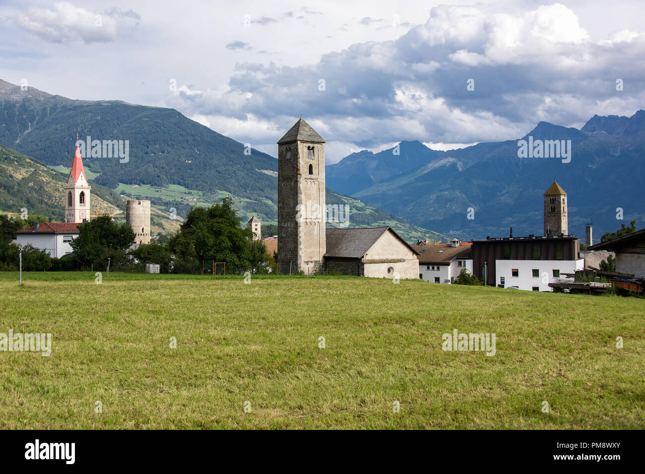 The five towers of Mals, Vinschgau, South Tyrol Stock Photo