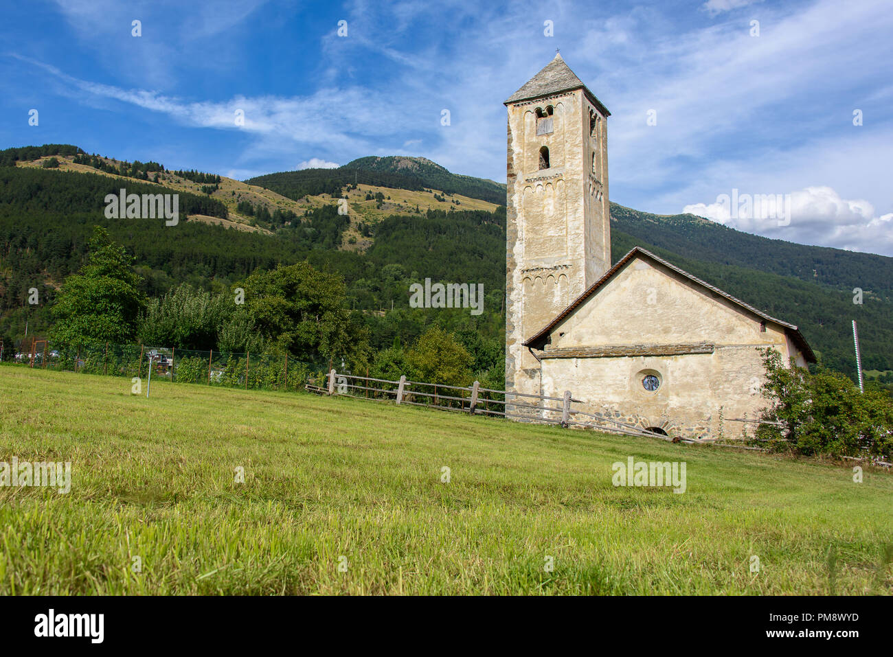 Ancient church in the alpine village of Mals, Vinschgau, South Tyrol Stock Photo