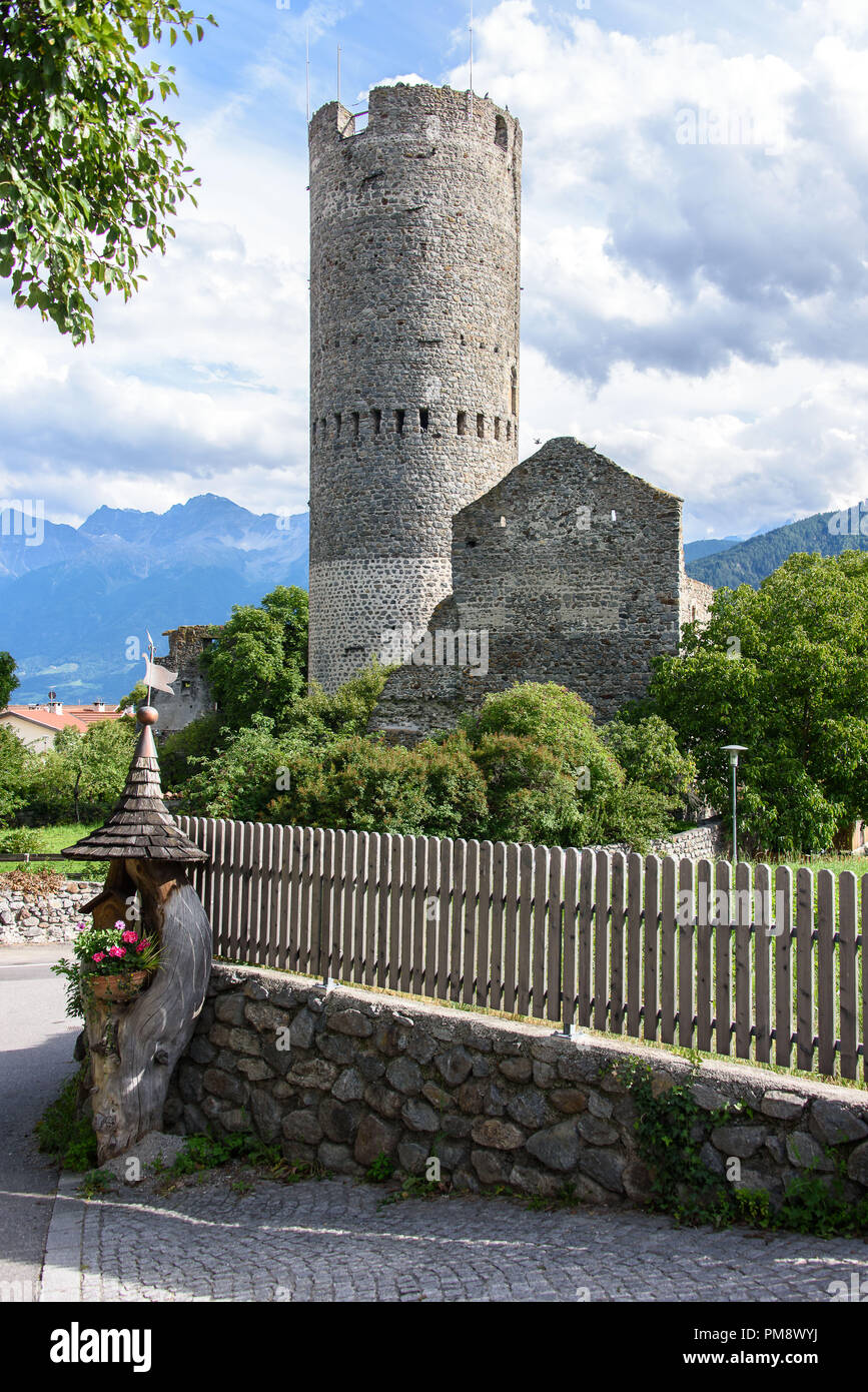 Ancient tower in the alpine village of Mals, Vinschgau, South Tyrol Stock Photo