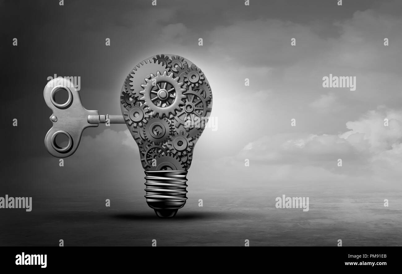 Machine concept light bulb as a gear solution with engineering and mechanical inspiration idea as a 3D illustration. Stock Photo