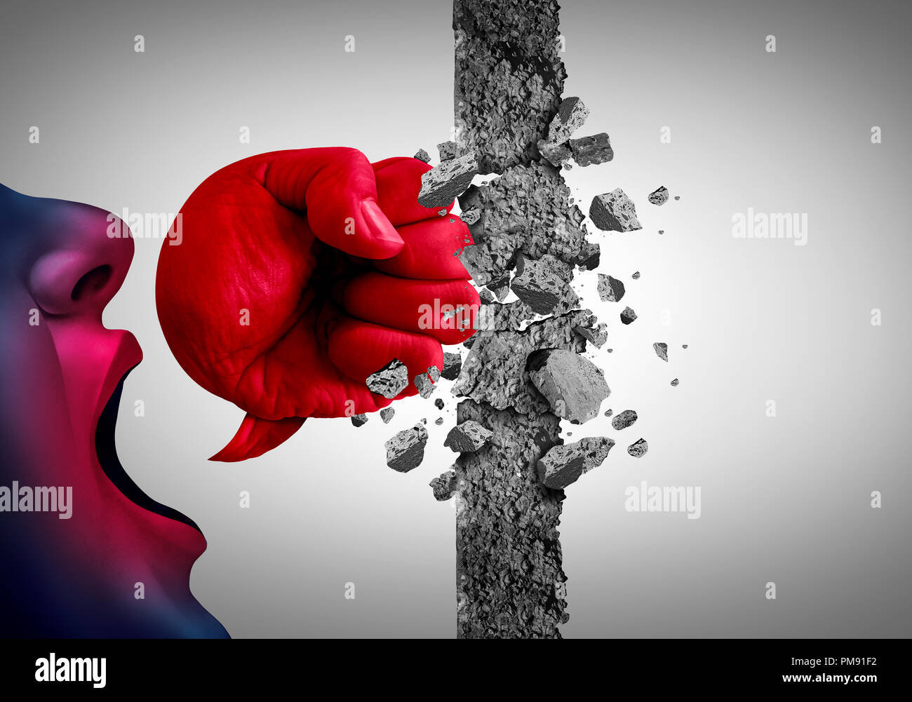 Breaking down walls with words as a powerful  message that breaks obstacles in a 3D illustration style. Stock Photo