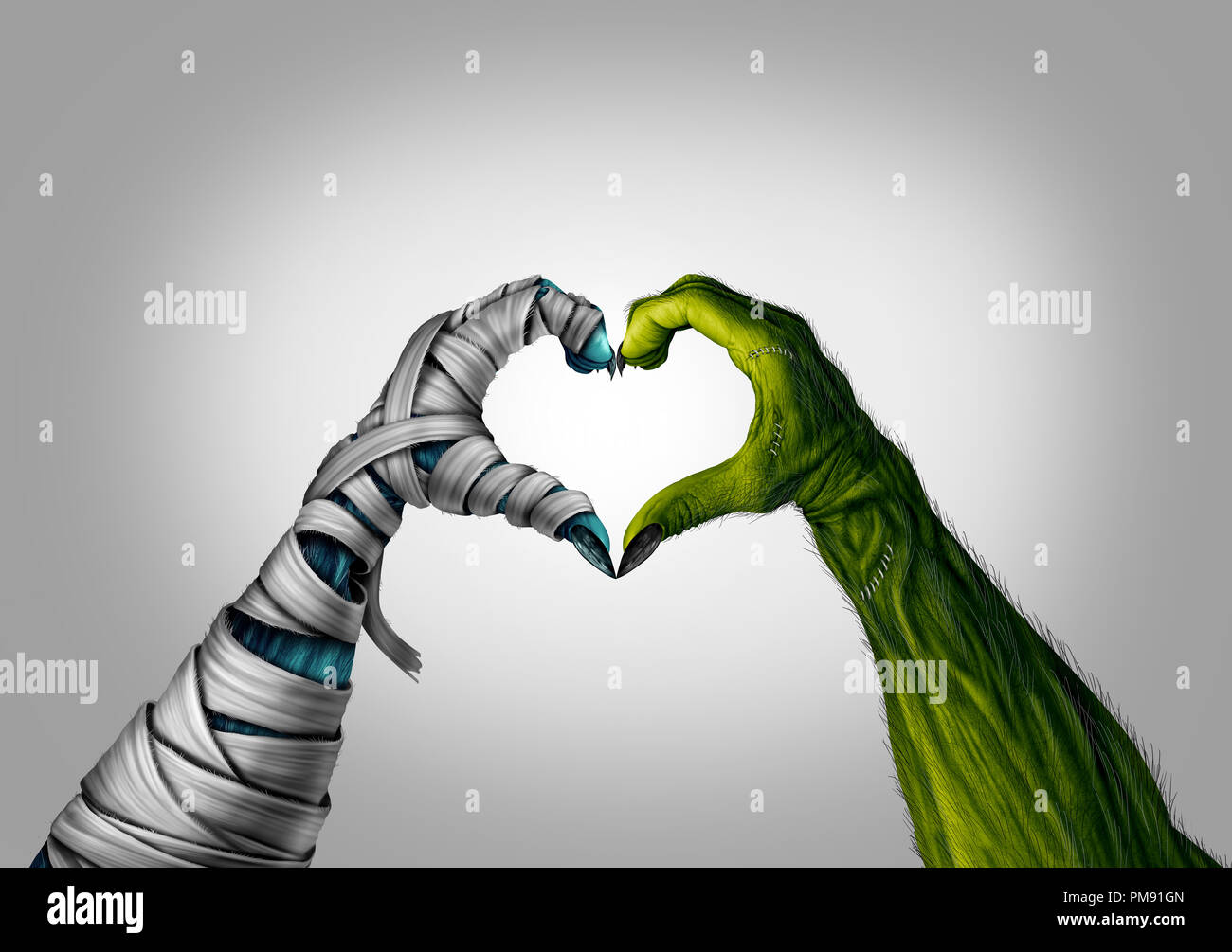 Halloween Monsters Heart Shape As A Creepy Graveyard Mummy Creature Or Dead Green Corpse Character With Arms Emerging In A 3d Illustration Style Stock Photo Alamy