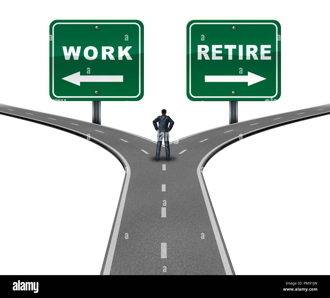Work retire direction concept as a worker making a decision to continue working or retiring with 3D illustration elements. Stock Photo
