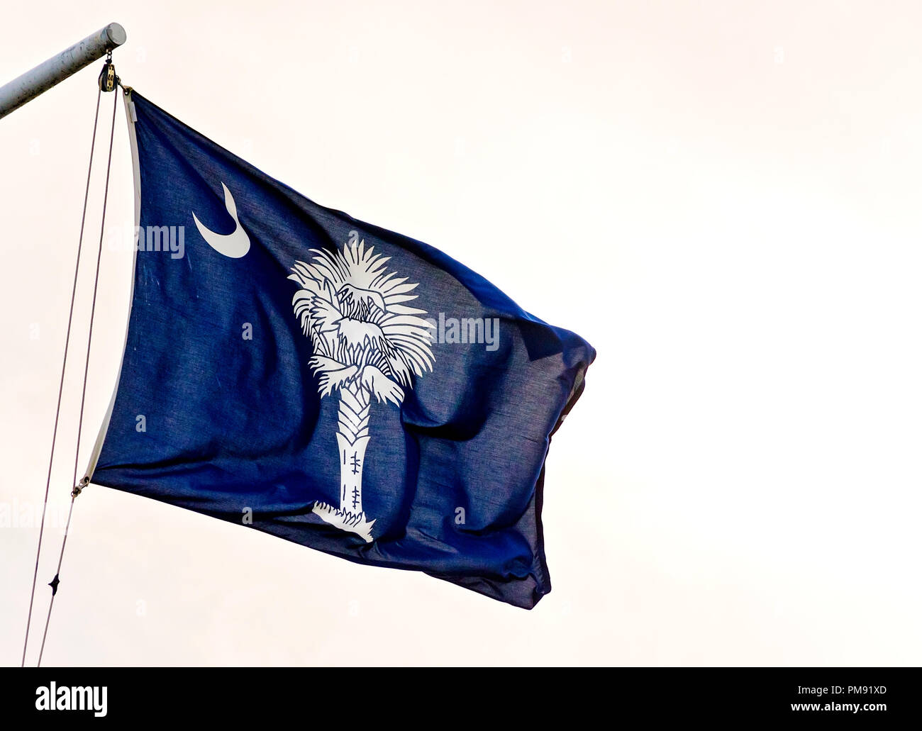 The South Carolina state flag flies at Waterfront Park fishing pier, April 5, 2015, in Charleston, South Carolina. The flag features a white palmetto  Stock Photo