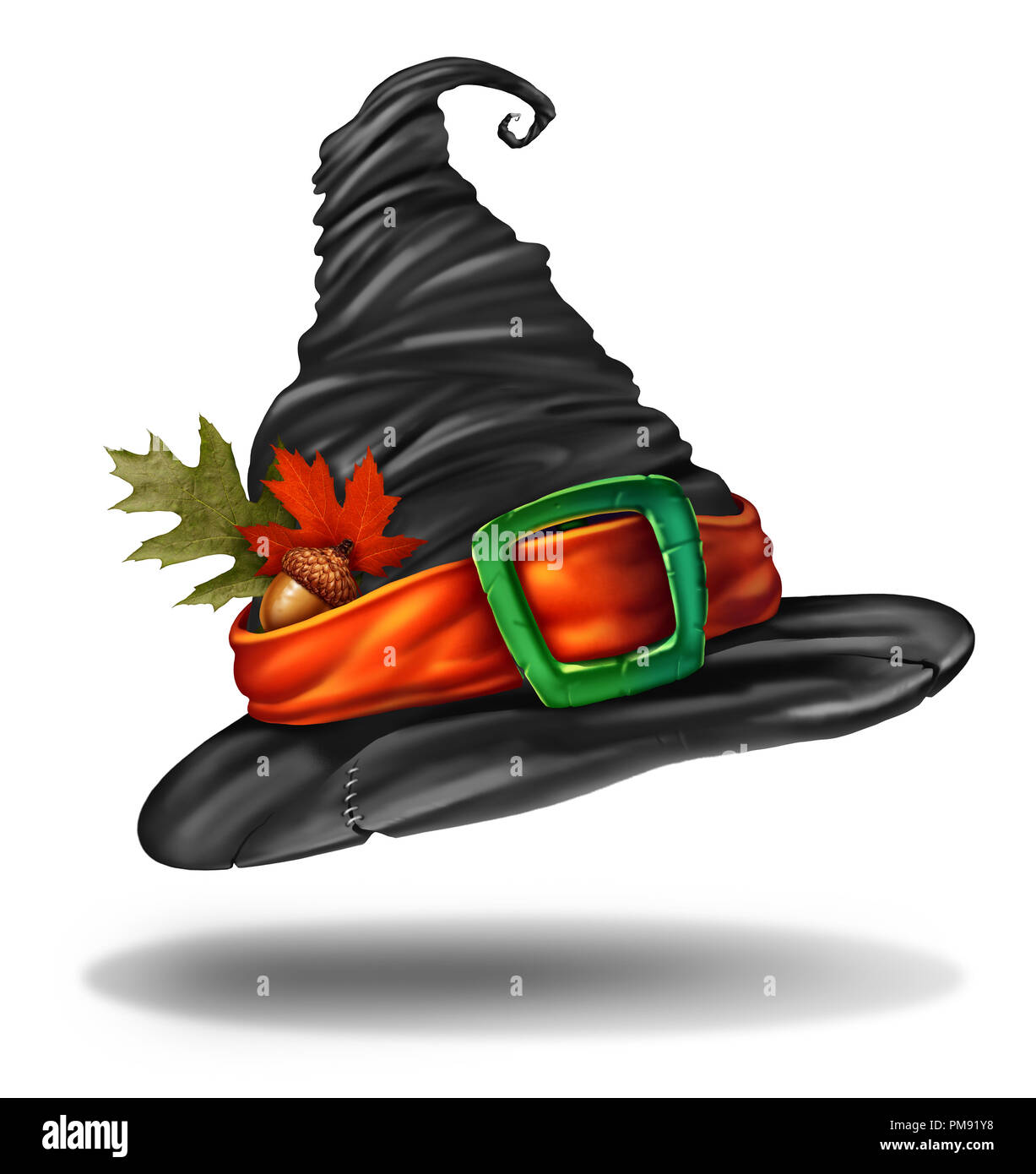 Witch hat halloween autumn clothing object as a spooky fall holiday seasonal and thanksgiving symbol with 3D elements. Stock Photo