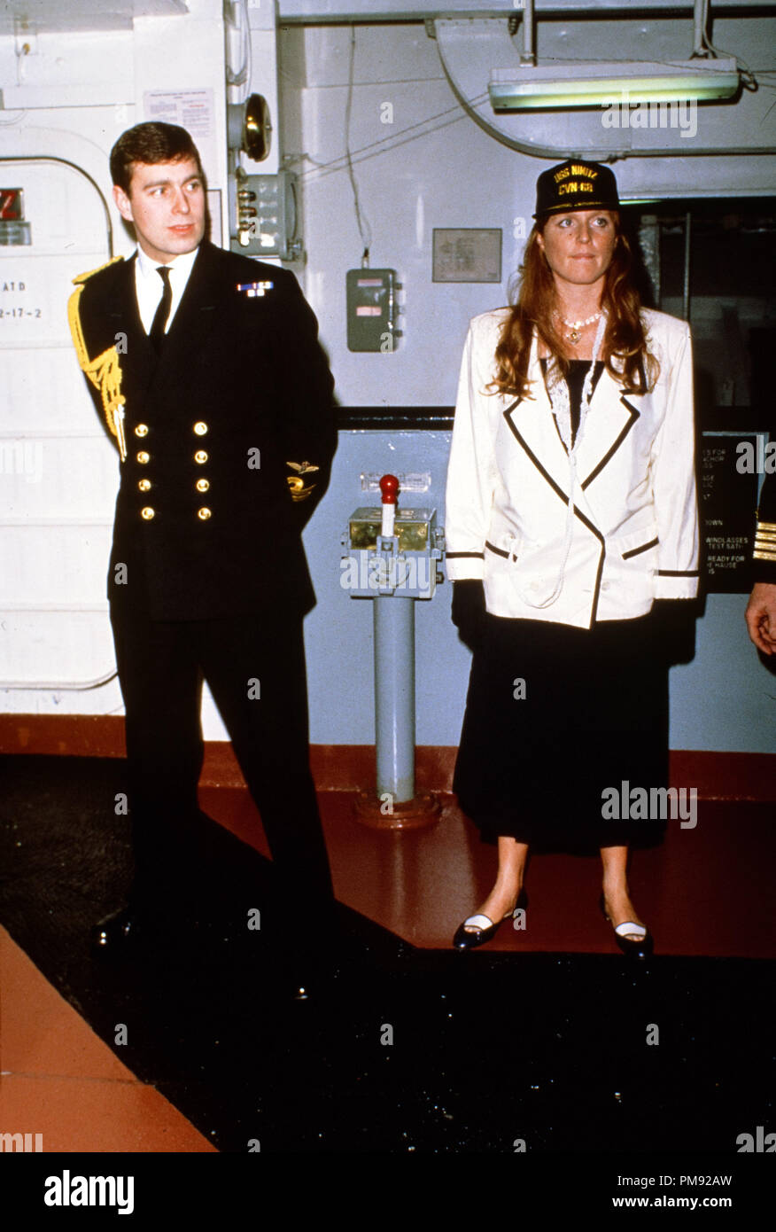 Prince Andrew the Duke and Sarah Ferguson the Duchess of York in Los Angeles, circa 1988 - on board the USS Nimitz.  File Reference # 31537 162THA  © JRC /The Hollywood Archive-All Rights Reserved Stock Photo