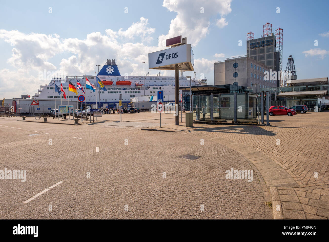 Ferry terminal in the harbor of IJmuiden, Netherlands. Ferry is ready to leave for Newcastle, UK. Stock Photo