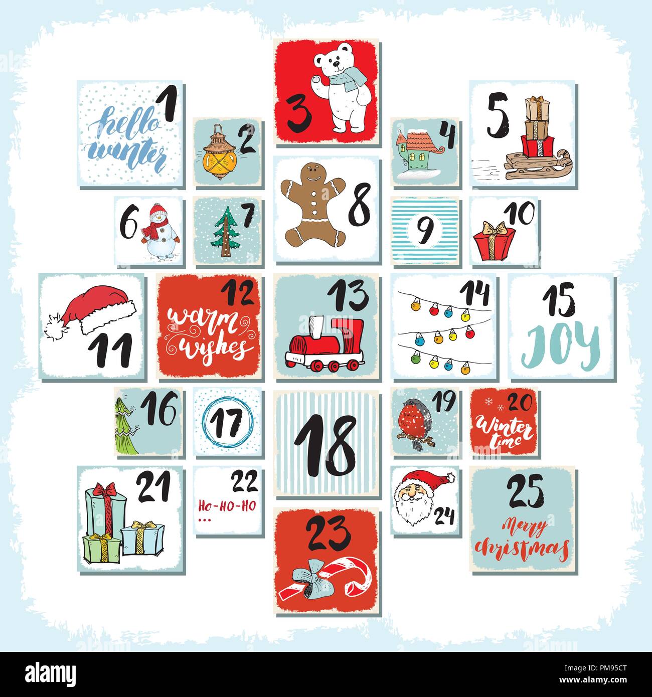 Christmas advent calendar. Hand drawn elements and numbers. Winter