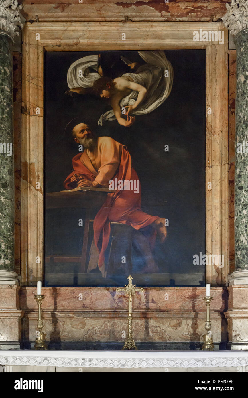 The Inspiration of Saint Matthew by Caravaggio, Chiesa di San Luigi dei Francesi, Rome, Italy Stock Photo
