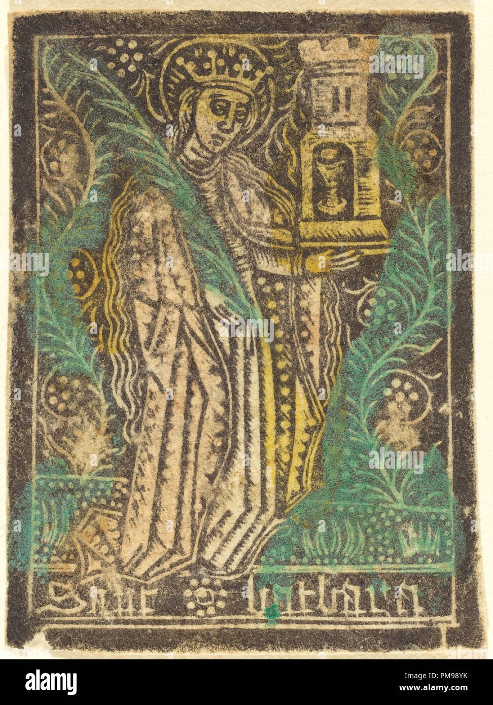 Saint Barbara. Dated: 1460/1480. Medium: metalcut, hand-colored in green and yellow. Museum: National Gallery of Art, Washington DC. Author: Workshop of Master of the Aachen Madonna. Stock Photo