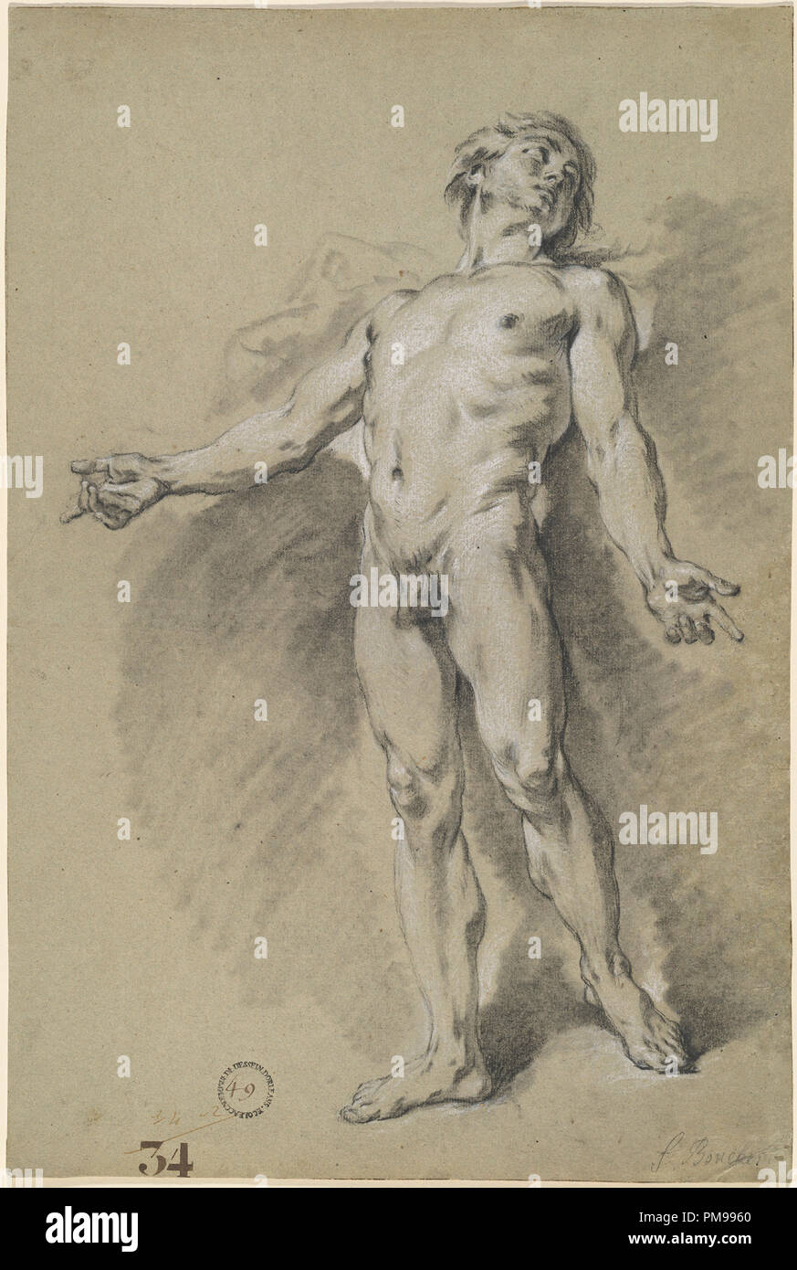 Apollo. Dated: c. 1752. Dimensions: overall: 54.4 x 36.5 cm (21 7/16 x 14 3/8 in.). Medium: black chalk and stumping, heightened with white chalk on greenish-gray laid paper. Museum: National Gallery of Art, Washington DC. Author: Francois Boucher. Stock Photo