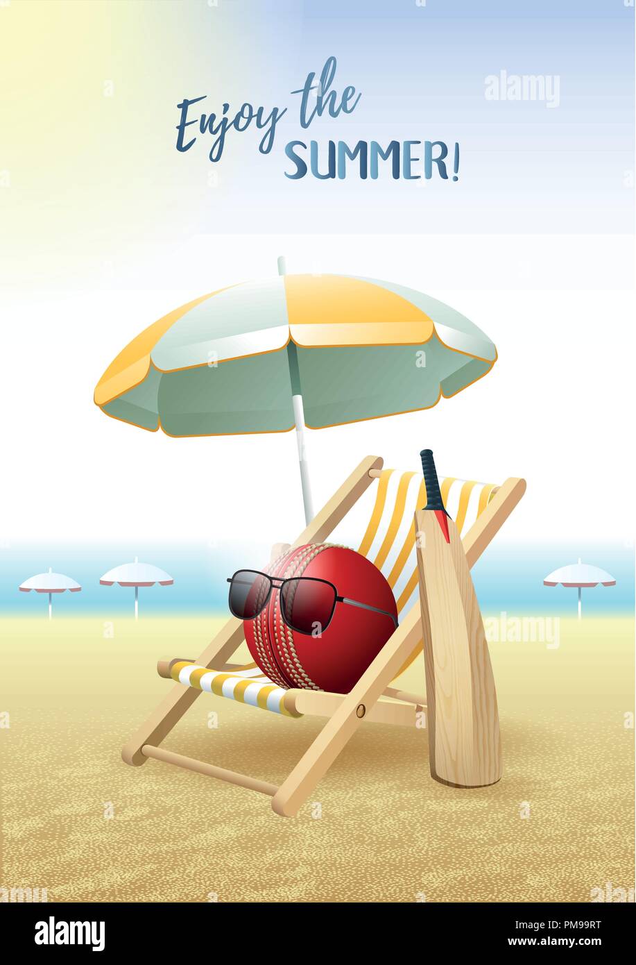 Enjoy the Summer! Sports card. Cricket ball with sunglasses, beach umbrella, deck chair and wooden bat on the sand beach. Vector illustration. Stock Vector