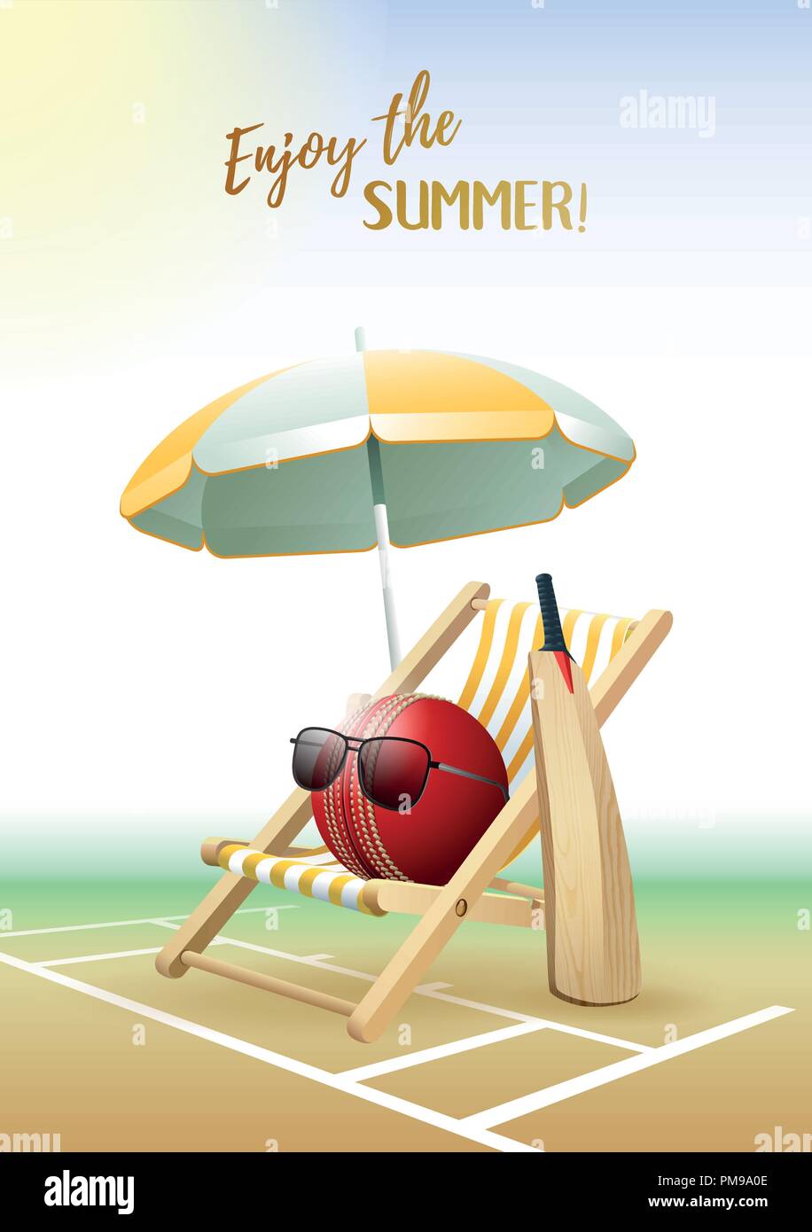 Enjoy the Summer! Sports card. Cricket ball with sunglasses, beach umbrella, deck chair and wooden bat on the Cricket field. Vector illustration. Stock Vector